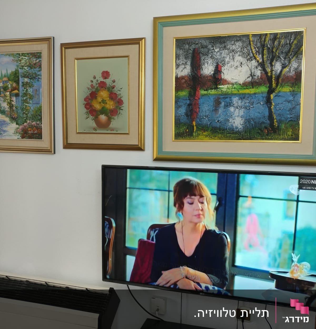 תמונות תלויות על קיר מעל טלוויזיה